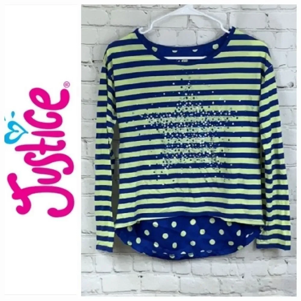 Justice Girls 14 Blue Stripe Yellow Polka Dot Glitter Star Chiffon Tee Knit Top